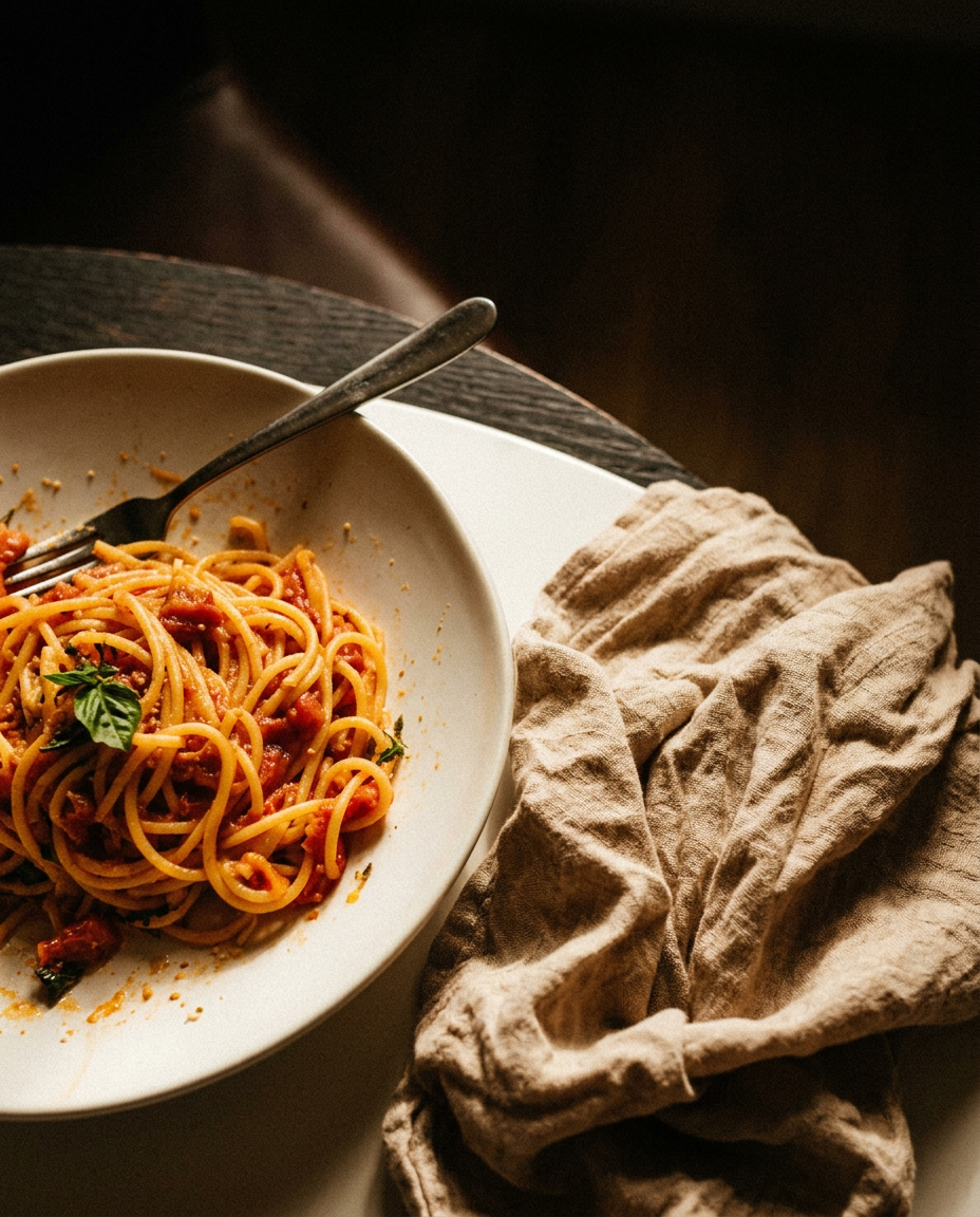 Pasta on a dark Nordic table with linen napkin