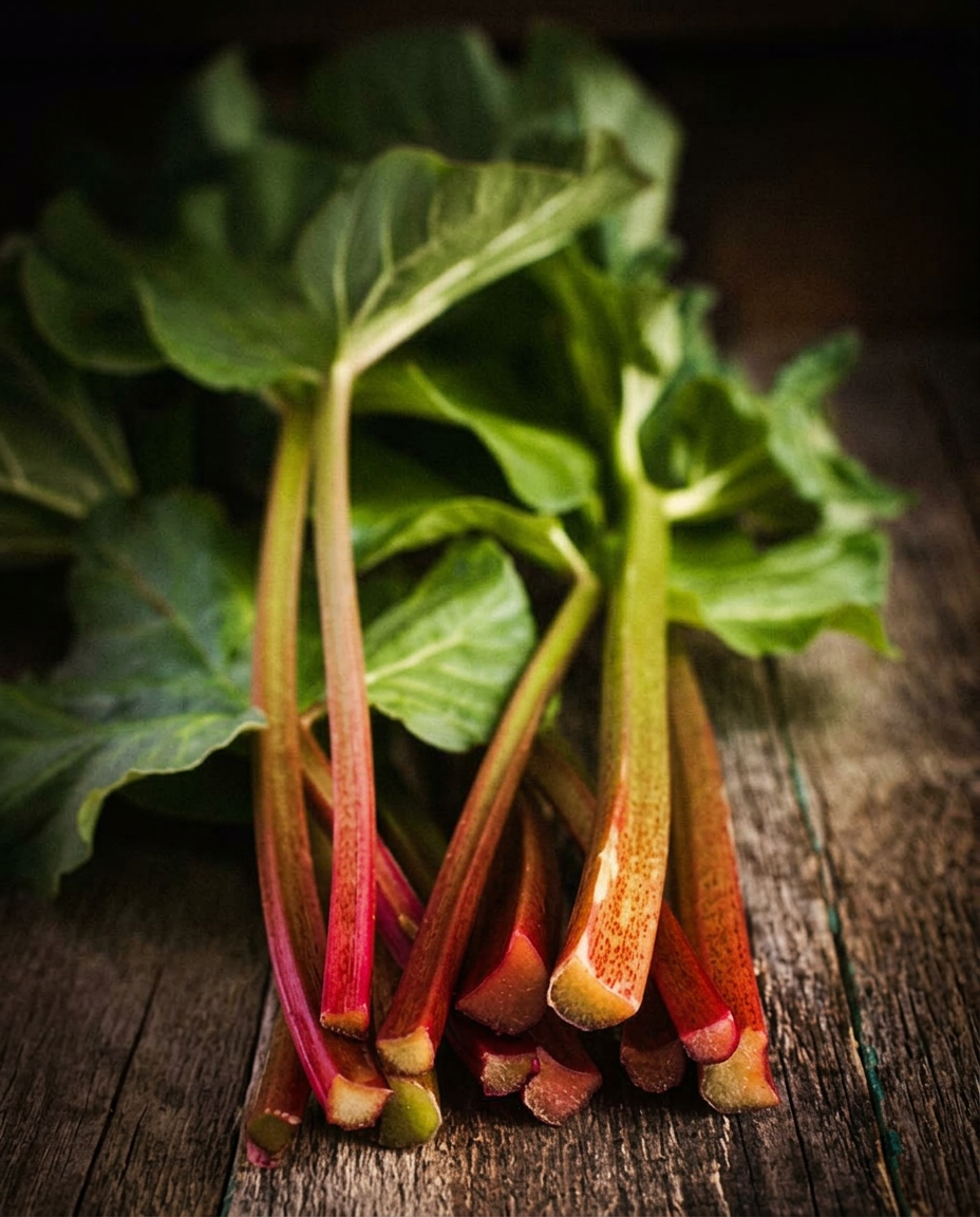 Wicker basket of fresh rhubarb stalks among garden leaves